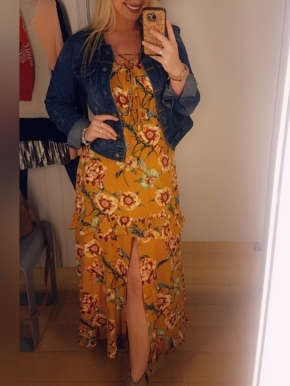 Floral Spaghetti-Strap Maxi Dress - Mustard